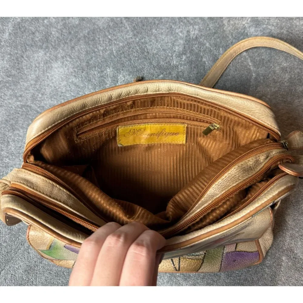 Magnifique Abstract Hand Painted Leather Crossbody Bag Beige Vintage Purse